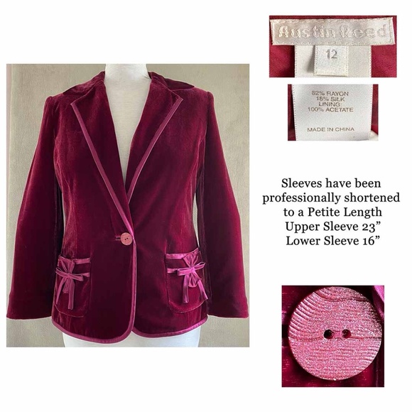 AUSTIN REED Sz 12 Cranberry Red Velvet Satin Trim Jacket / Shortened Sleeve 23" - Picture 1 of 8